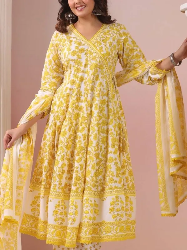 Anarkali with Fully Cotton and readymade 3 piece set yellow